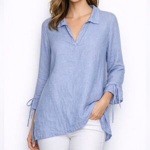 Sigrid‎ Olsen Linen Blouse Boho Light Blue Tunic size Medium Coastal Grandma